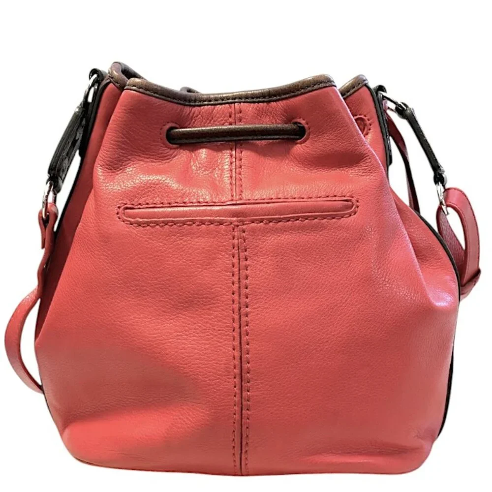 Brighton Orange Red Leather Drawstring Bucket Bag Purse with Fringe - Picture 4 of 13